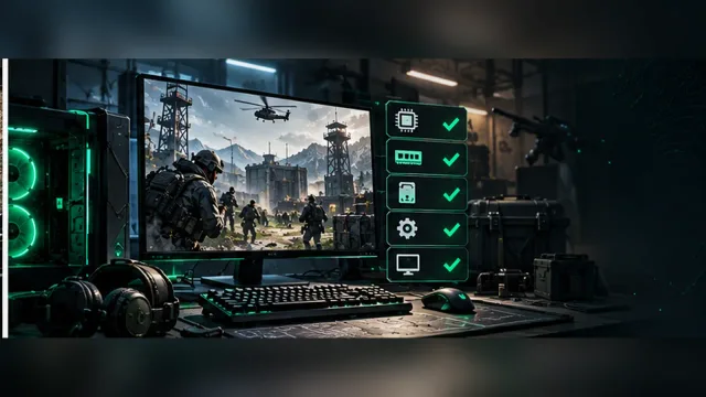 Delta Force gaming PC setup with a compatibility checklist and tactical battlefield display