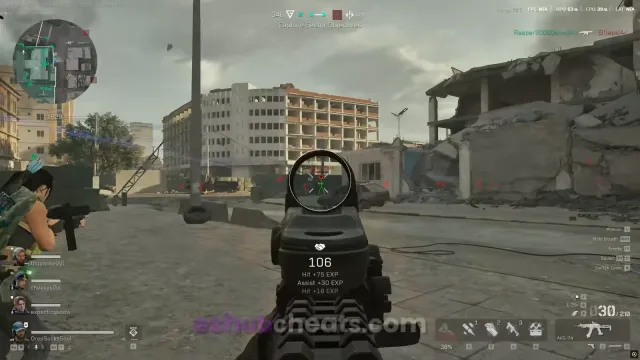 Delta Force long-range urban combat scene with a centered sight and distant target marker.