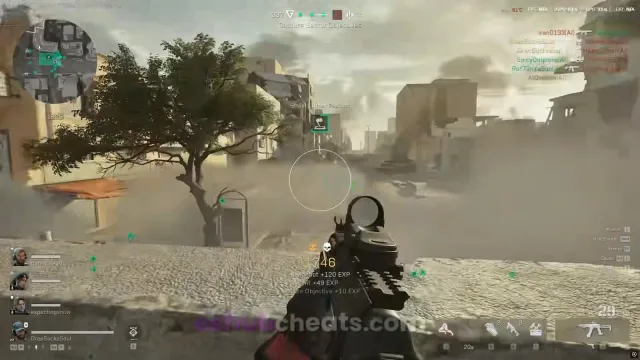 Delta Force combat scene through smoke with tactical objective markers.