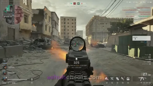 Delta Force squad combat scene in a damaged city with objective markers.